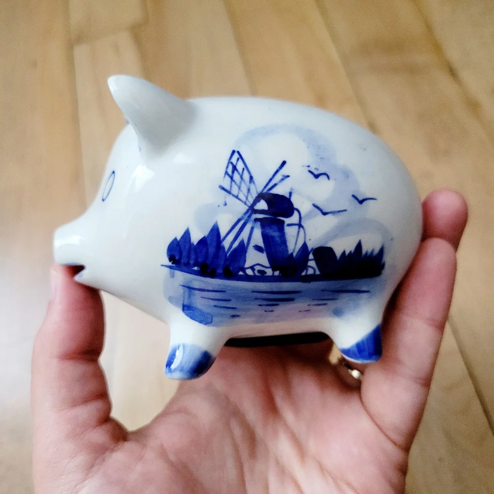 Vintage Handmade Delft Pottery Small Floral & Nautical Ship Dutch Piggy Bank